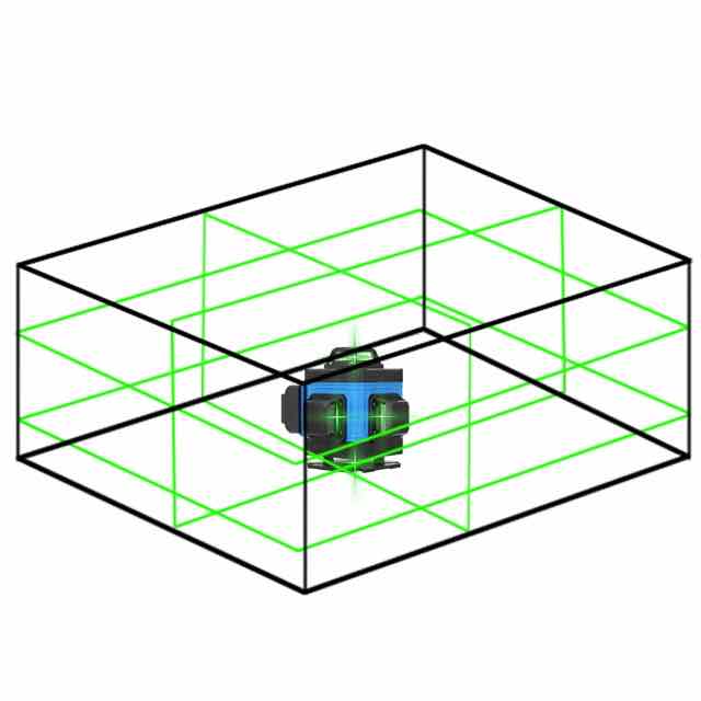 All-in-one green beam laser level kit shown in a simplified room layout diagram with green horizontal and vertical laser lines surrounding the tool